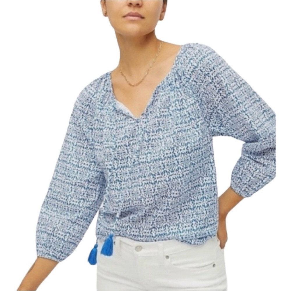 J. Crew ReImagined Blue/White Vermicular Print Keyhole Tassel Blouse Size XS EUC